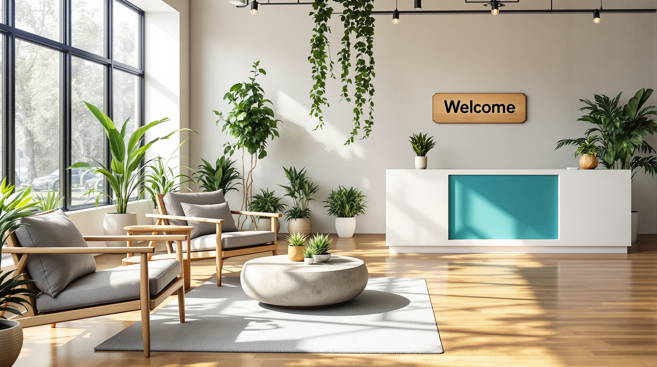 Welcoming yoga studio lobby and reception area