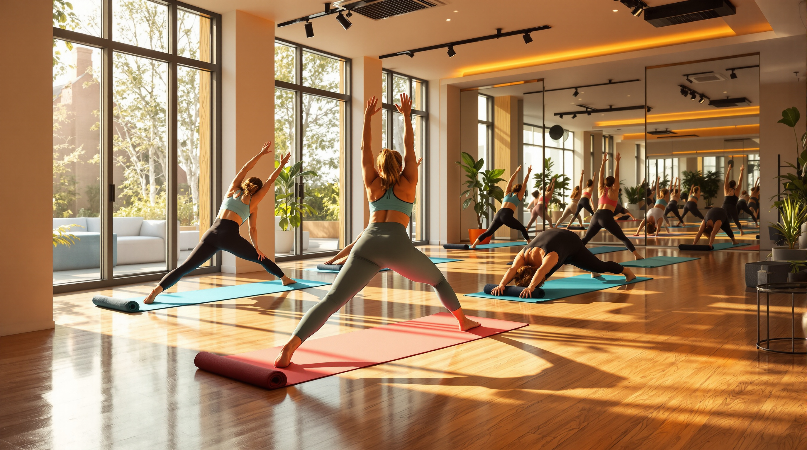 Modern hot yoga studio with practitioners in various poses