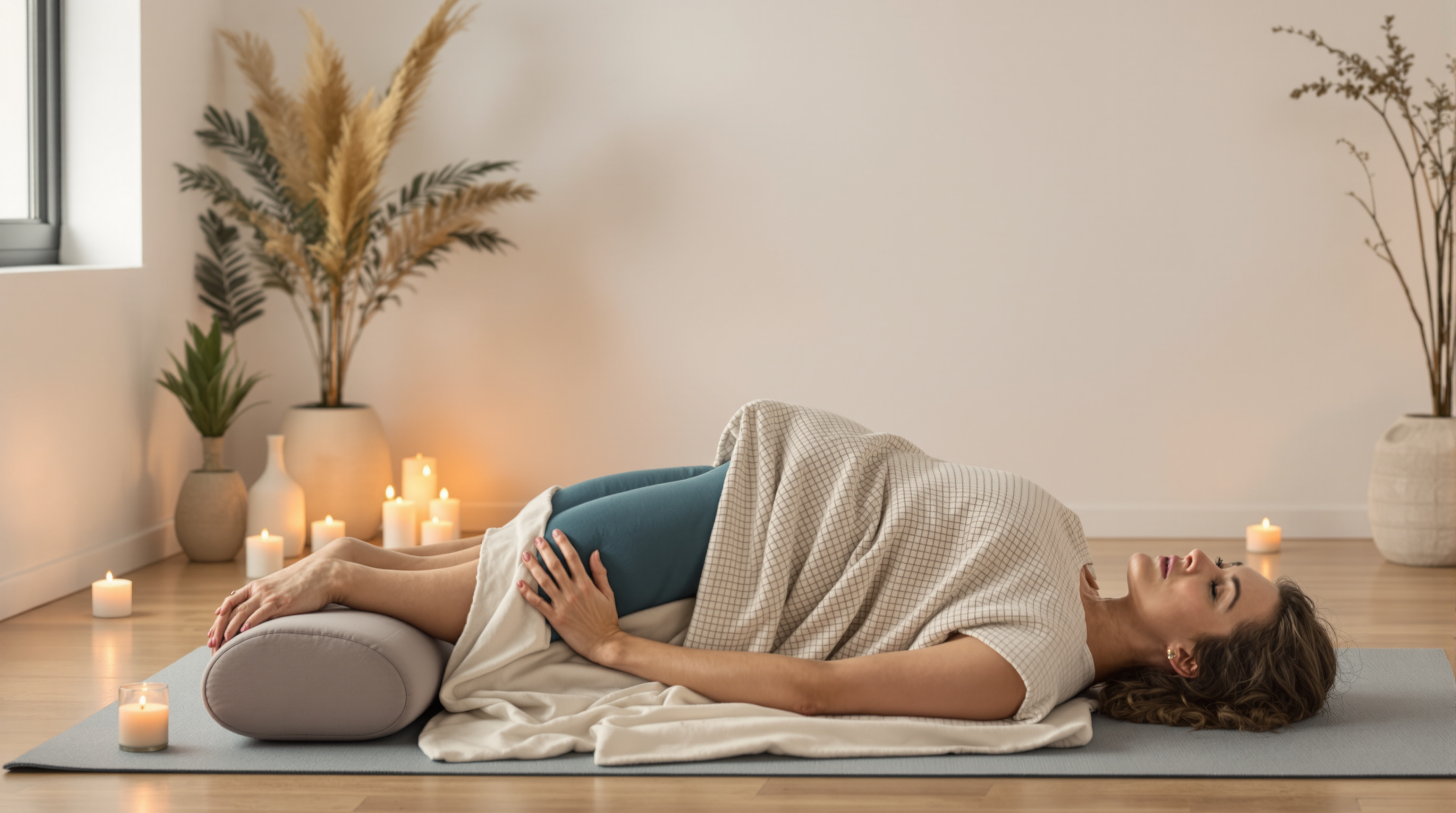 Practitioner in supported yin yoga pose